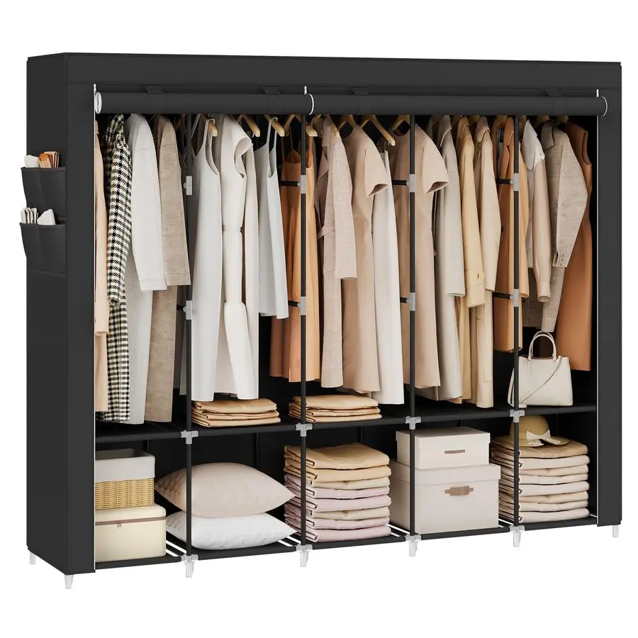 

Portable Closet, Wardrobe Closet Organizer with Cover, 5 Hanging Rods and Shelves, 4 Side Pockets, 17.7 x 83 x 65.7 Inches, Larg