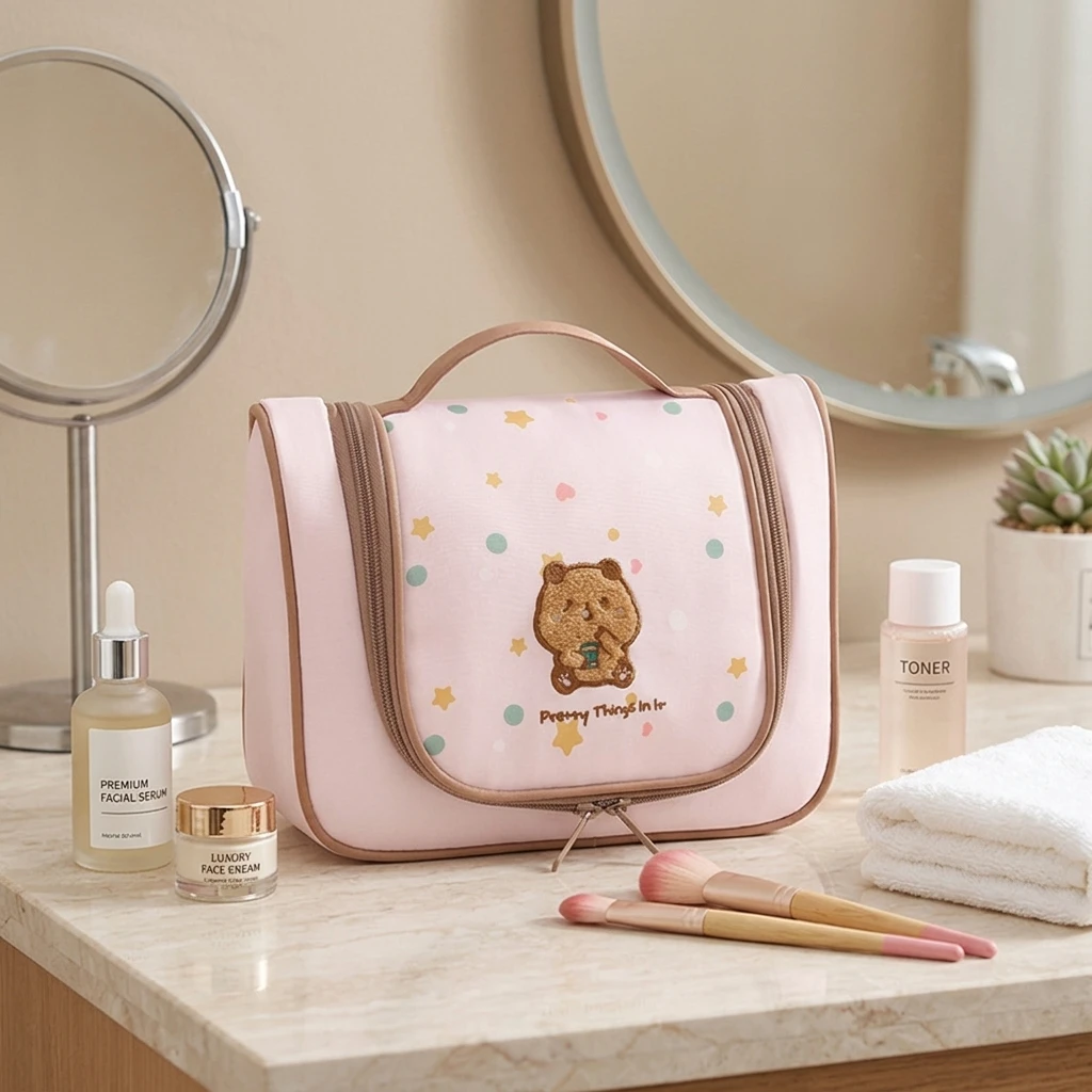 Travel Toiletry Bag Hanging Storage Embroidery Design Portable Cosmetic Bag Waterproof Polyester