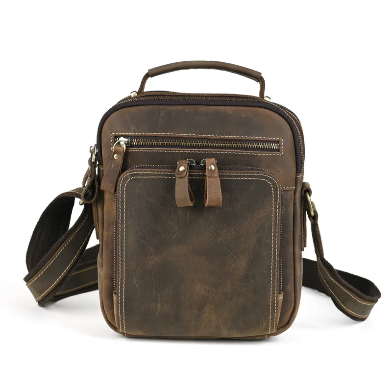 

Chic Men's Genuine Leather Single-shoulder Crossbody Bags Retro Hanbag Male Trendy Multi-functional Top Layer Cowhide iPad Bag