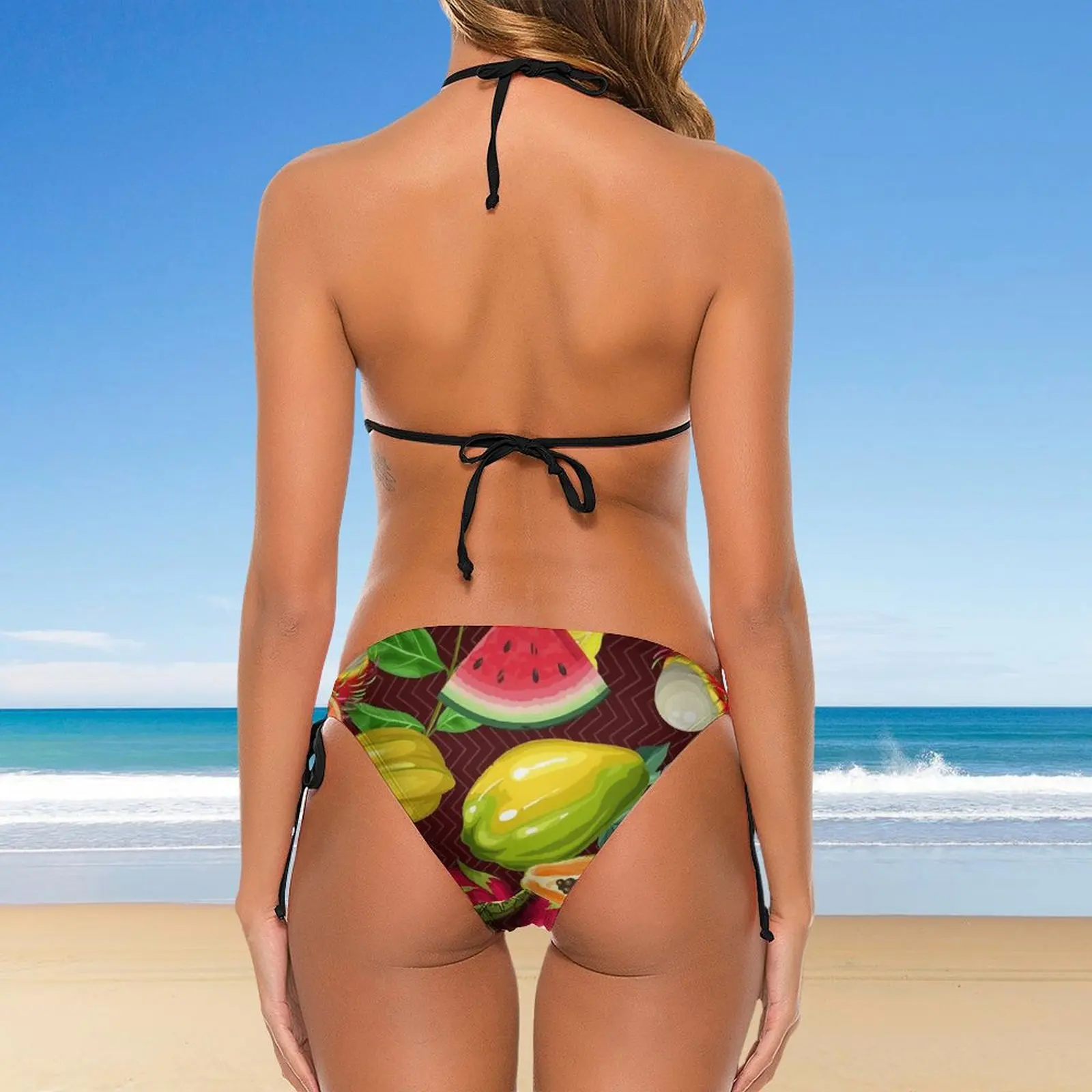 Bikini con estampado de frutas tropicales para mujer, traje de baño con estampado de frutas de colores en rodajas, conjunto de Bikini Sexy con realce, traje de baño con cordón para playa