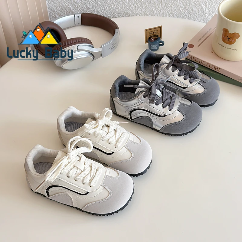 

Детские кроссовки для девочек, модная новая детская спортивная обувь унисекс, трендовые лоскутные кроссовки для мальчиков, повседневные школьные кроссовки для бега, бежевые, серые