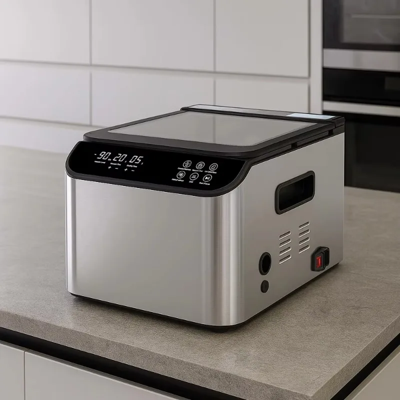 Commercial-grade stainless steel vacuum chamber sealer with wet/dry mode, suitable for home, commercial, and restaurant use.