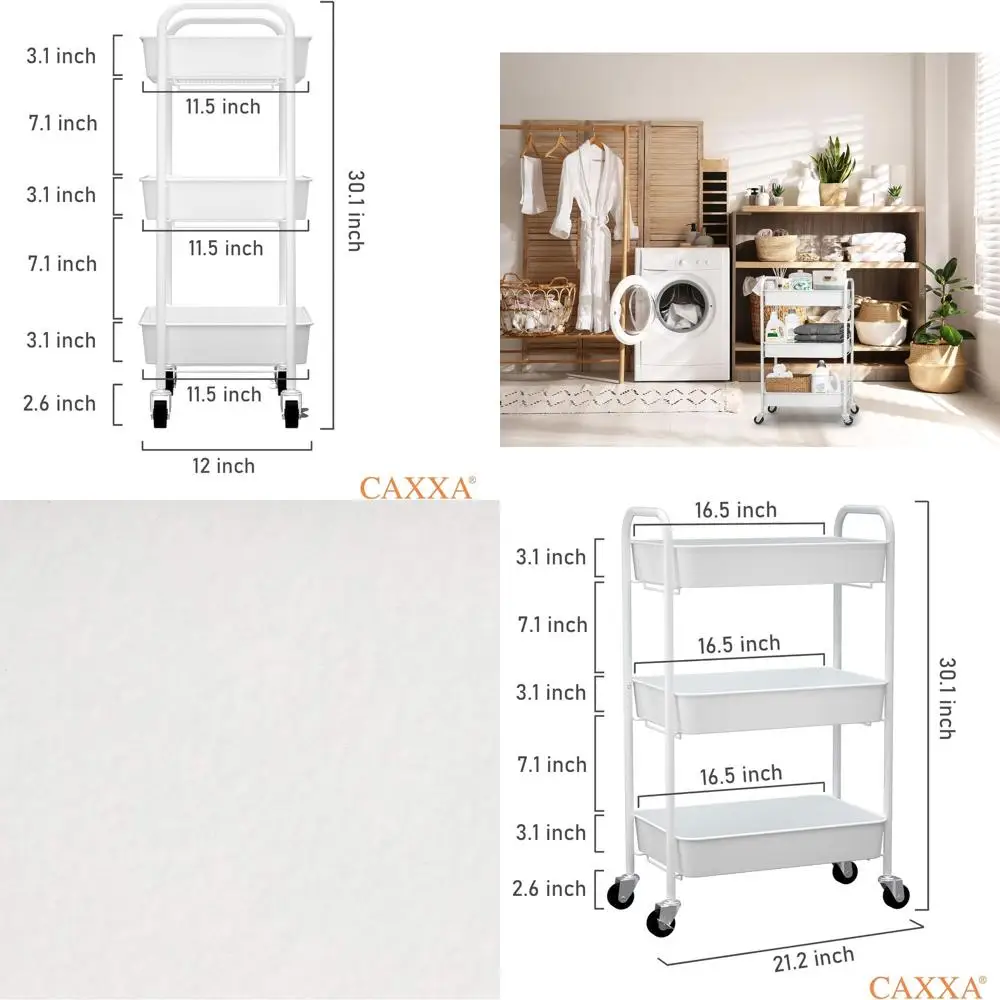 

Белая мобильная 3-ярусная металлическая тележка для хранения с колесиками для кухни