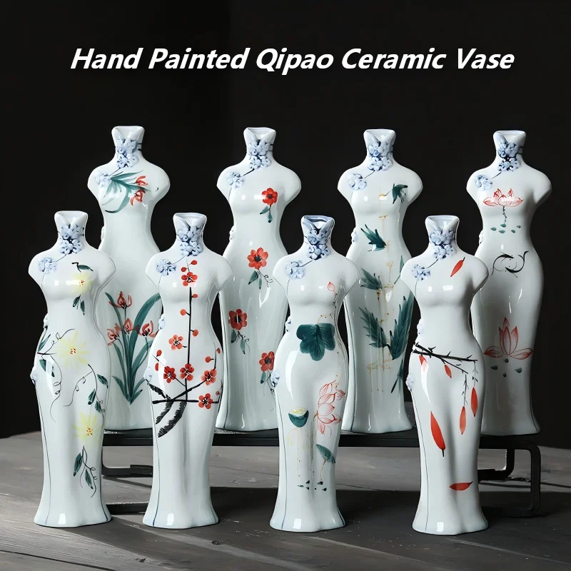 Chinese Style Celadon Vase Hand Painted Ceramic Flower Arrangement Pot Retro Tang Suit Pattern Hydroponic Dry Flower Vase Decor