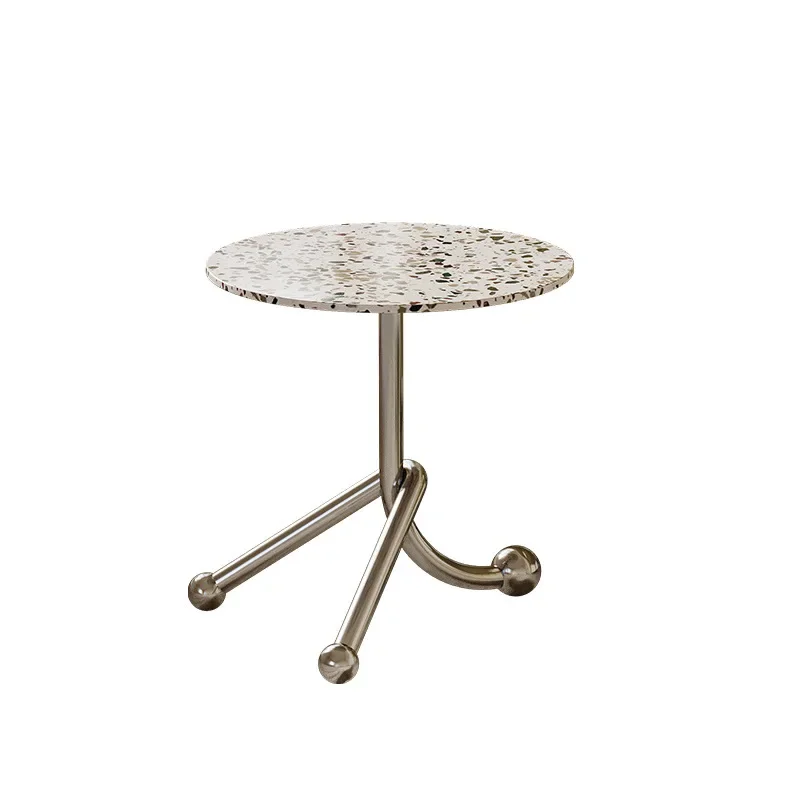French retro terrazzo coffee table corner table sofa edge small round table stainless steel edge  coffee  small
