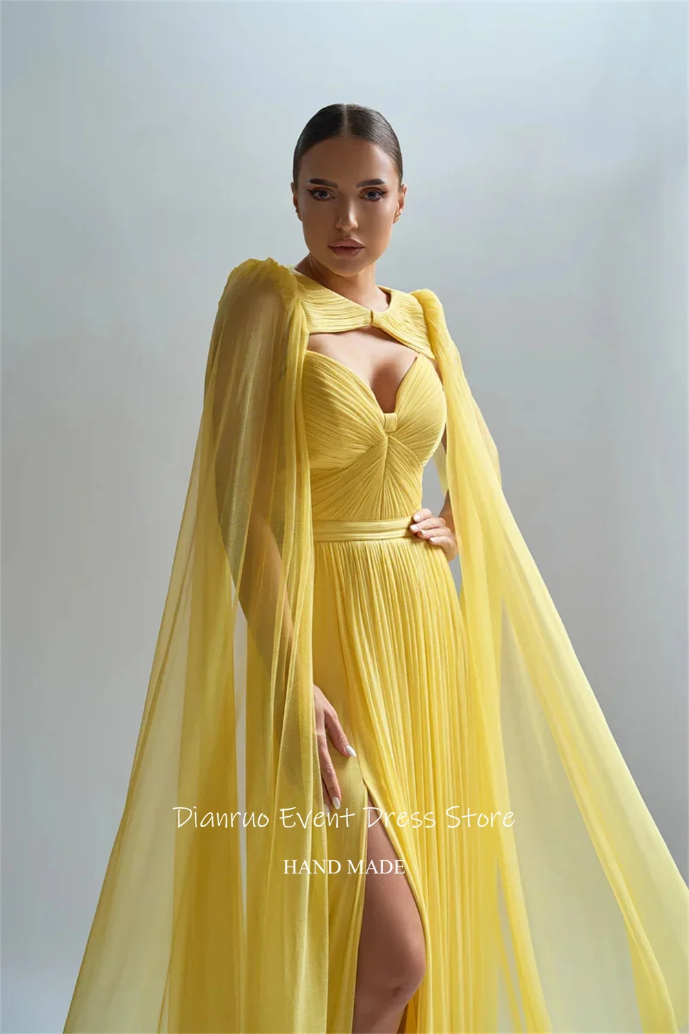 Dianruo สีเหลืองจีบชุดราตรีด้านข้างชีฟองยาว Gowns Elegant Cape Prom Dresses สําหรับผู้หญิงที่กําหนดเอง