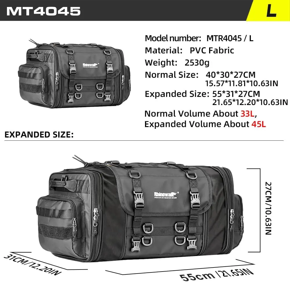 Motorcycle Tail Bag 33-45L, Expandable Waterproof Trunk Rack Bag with Sissy Bar Straps, Helmet Cover
