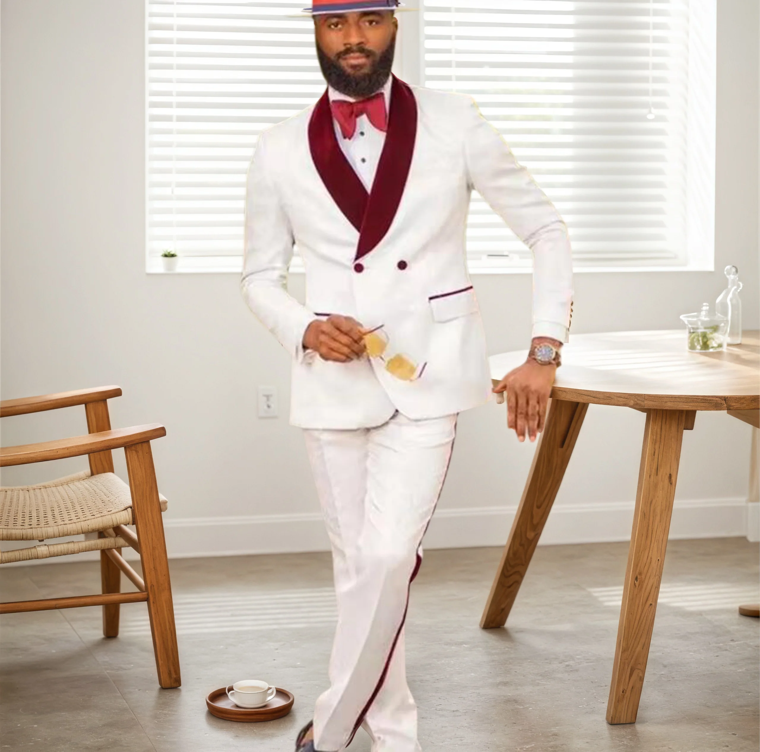 

New 2 Piece White Men Suits Double Breasted Jacket Pants Set Classic Blazer Burgundy Shawl Lapel Banquet Business Male Clothing