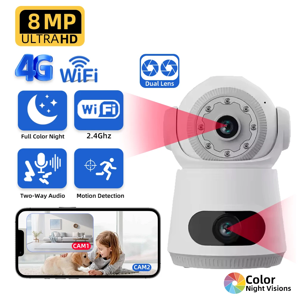 

4G IP Security Camera 8MP 4K Dual Lens Wireless CCTV WiFi Night Vision Human Detection Smart Home Surveillance