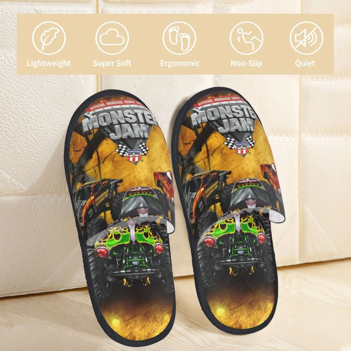 Monster Jam Grave Digger Truck Winter Home Cotton Slippers Bedroom Soft Household Fur Slides Slippers Non-slip