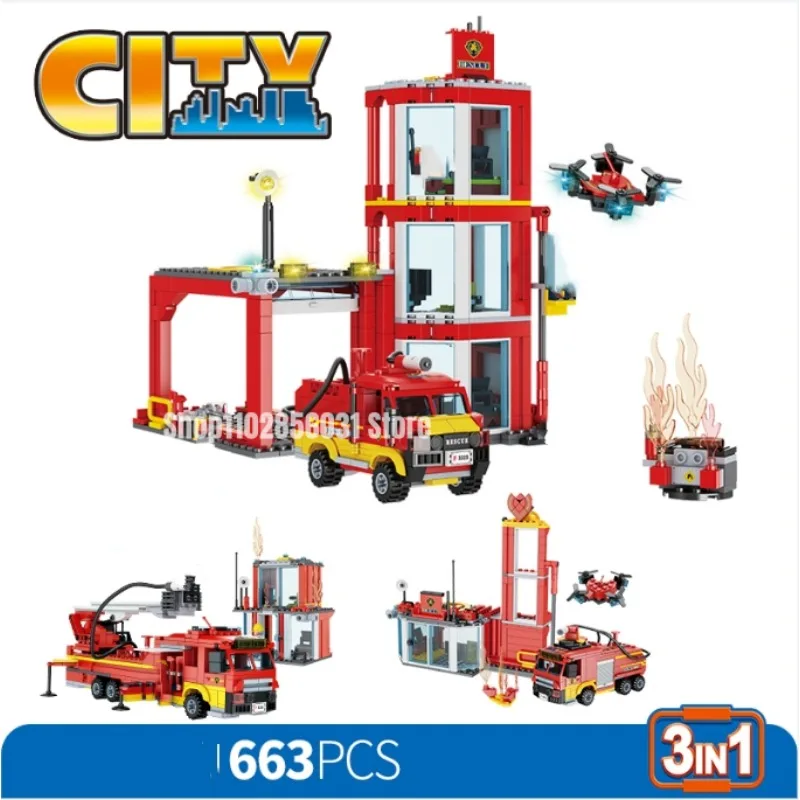 663pcs Fire Station Building Blocks Fire Engine Helicopter Bricks Model Toys for Children Gifts