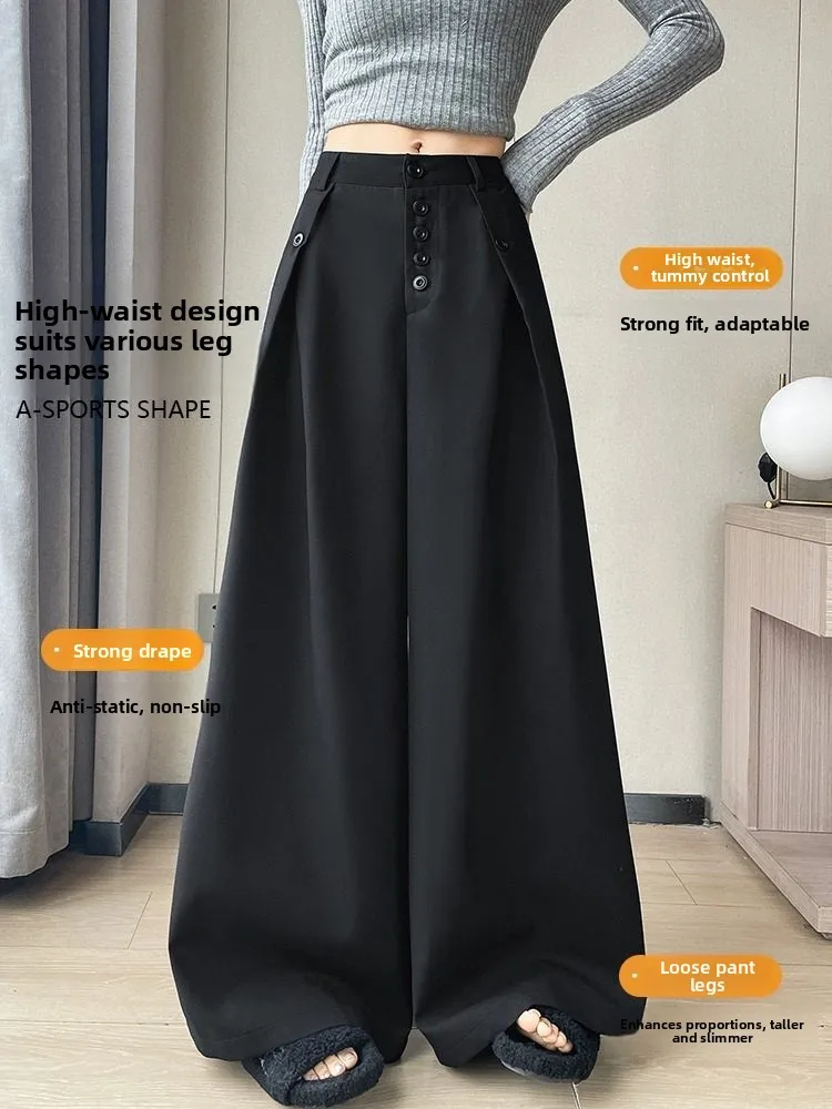 Pantalones de traje de pierna ancha con botones Retro americanos para mujer primavera otoño pantalones holgados adelgazantes informales drapeados hasta el suelo