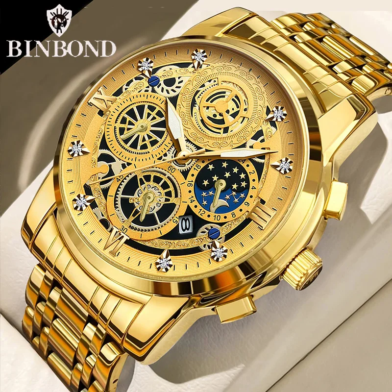 BINBOND B4010 Fashion Casual Quartz Men Watch Luxury Stainless Steel Strap Dial 30M Waterproof Luminous Business Men Wristwatch