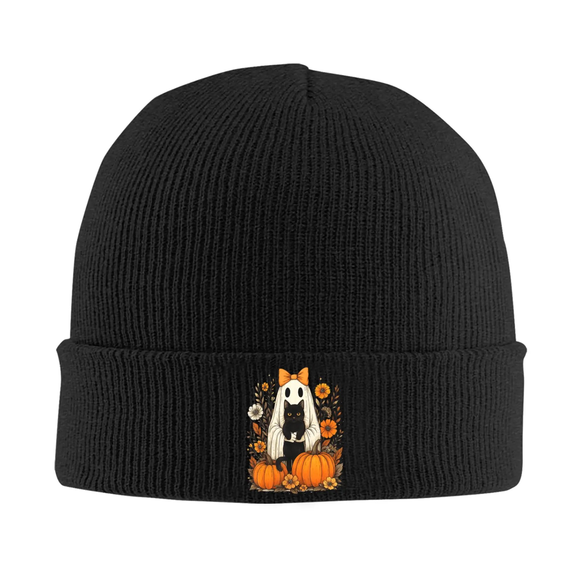 Vintage Halloween Ghost Holding Black Cat Knit Hat Beanie Winter Hat Warm Acrylic  Casual Groovy Floral Cap for Men Women Gifts,