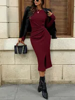 Women's Solid Color Round Neck Belted Slit Hem Midi Dress Casual Long Sleeve Shift Office Autumn 3
