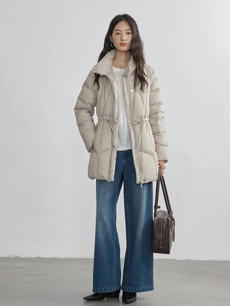 럭셔리 여성용 하이넥 다운 재킷 따뜻한 2026 겨울 우아한 조절 가능한 허리 퍼퍼 코트 루즈한 고품질 INKEO DJ641