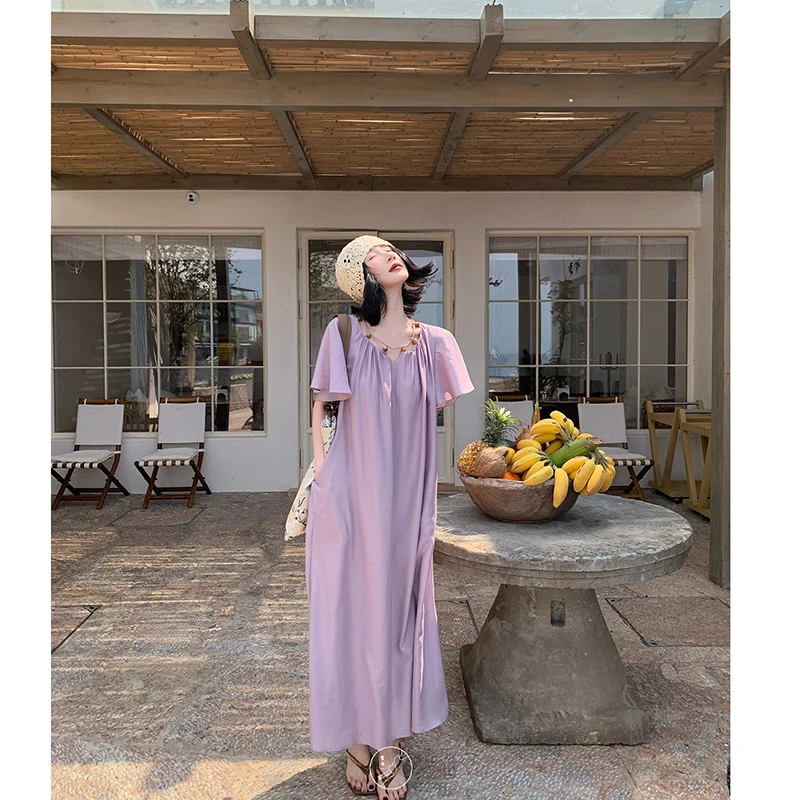 

2025 New Arrival Summer Women Loose Casual A-line Short Sleeve Mid-calf Dress Butterfly Sleeve Hollow Out Devise Dresses T263