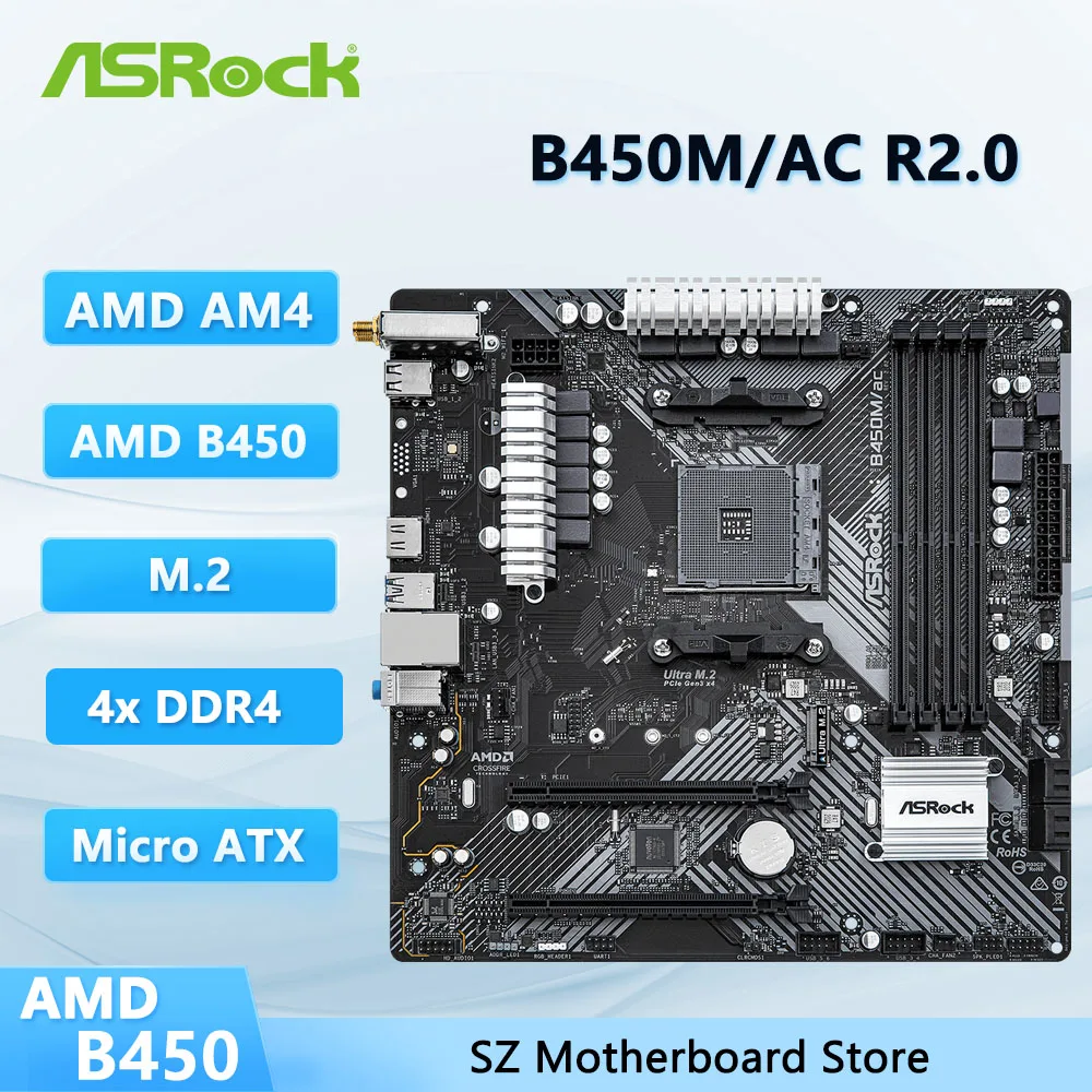 Tarjeta Madre ASRock B450 B450M, B450M/ac R2.0, AM4 DDR4 128GB, Compatible con Ryzen 5 5600, 5600G, R7 5700, 5600, 5700, 5800 CPU