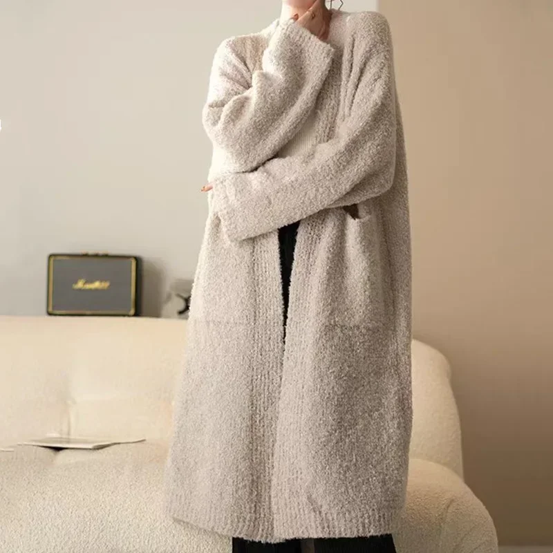 Japanese Korean Medium Long Knitted Cardigan Looped Yarn Girl  Autumn Winter New Style Loose Soft Lazy Sweater Jacket Trend