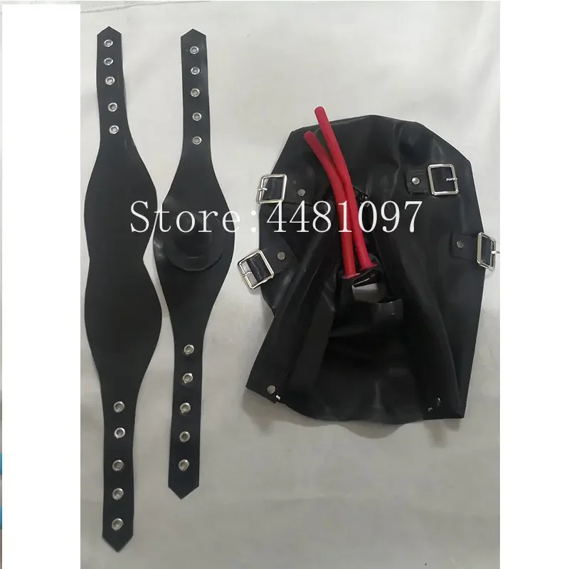 Latex Rubber Hood with Long Nose Tube Mouth Teeth Gag Removable Eyes and Mouth Mask Back Zipper Fetish