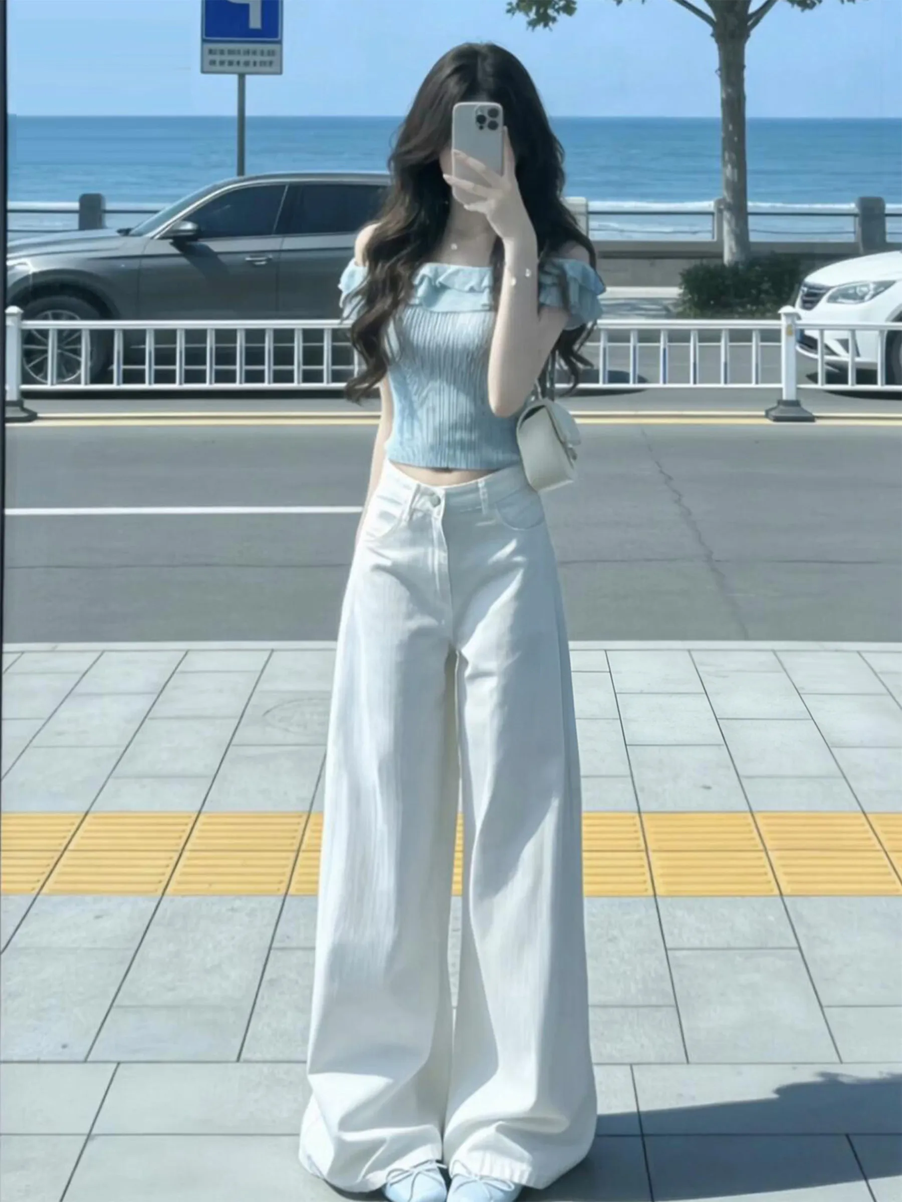 

White American Minimalist Retro Straight Leg Jeans Women's Loose Slimming Wide Leg Pants High Waist Cotton Stretch Denim