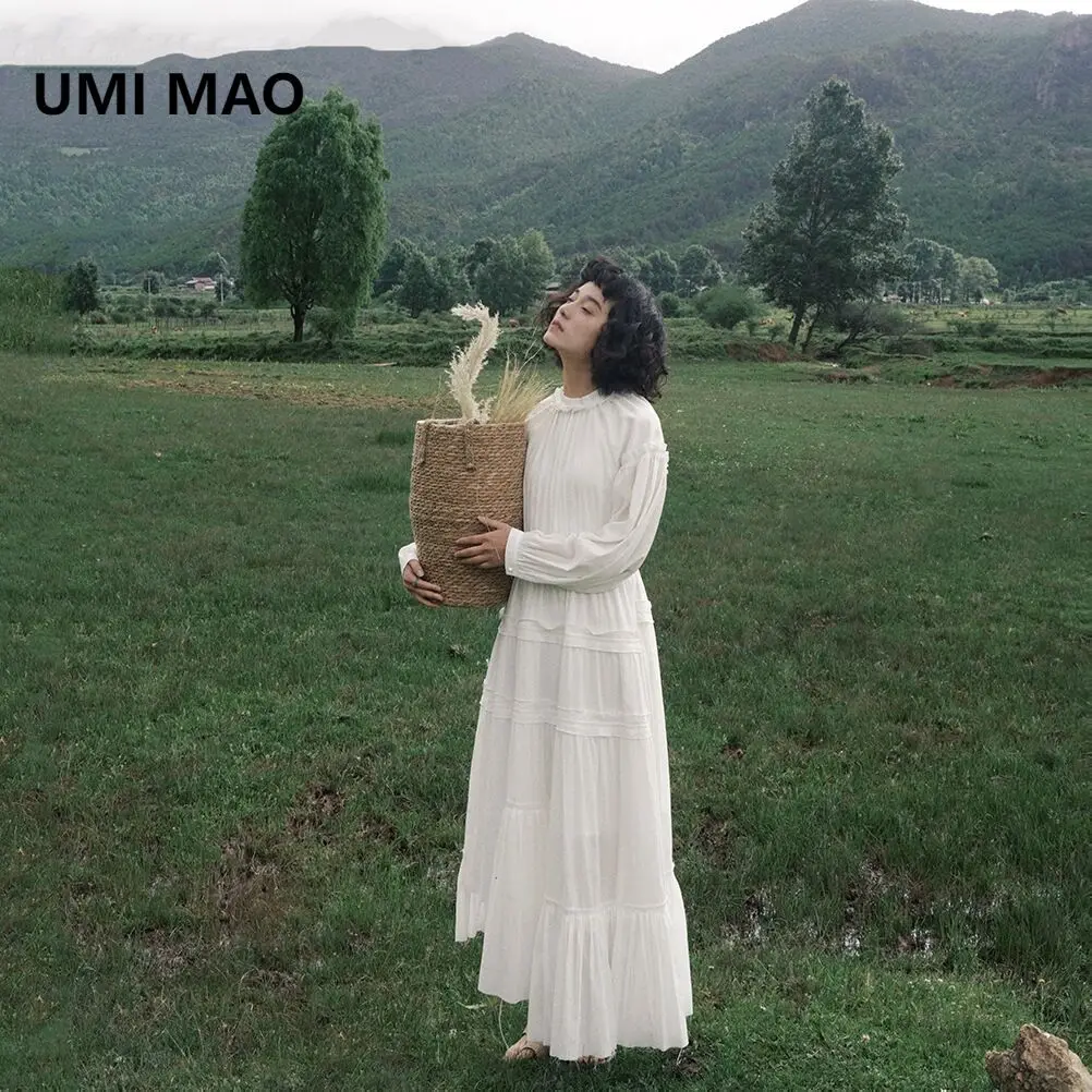 

UMI MAO French Ruffle Edge Dress Femme Autumn New Collection Waist Cinching Temperament High-end Sense Long Dress For Women