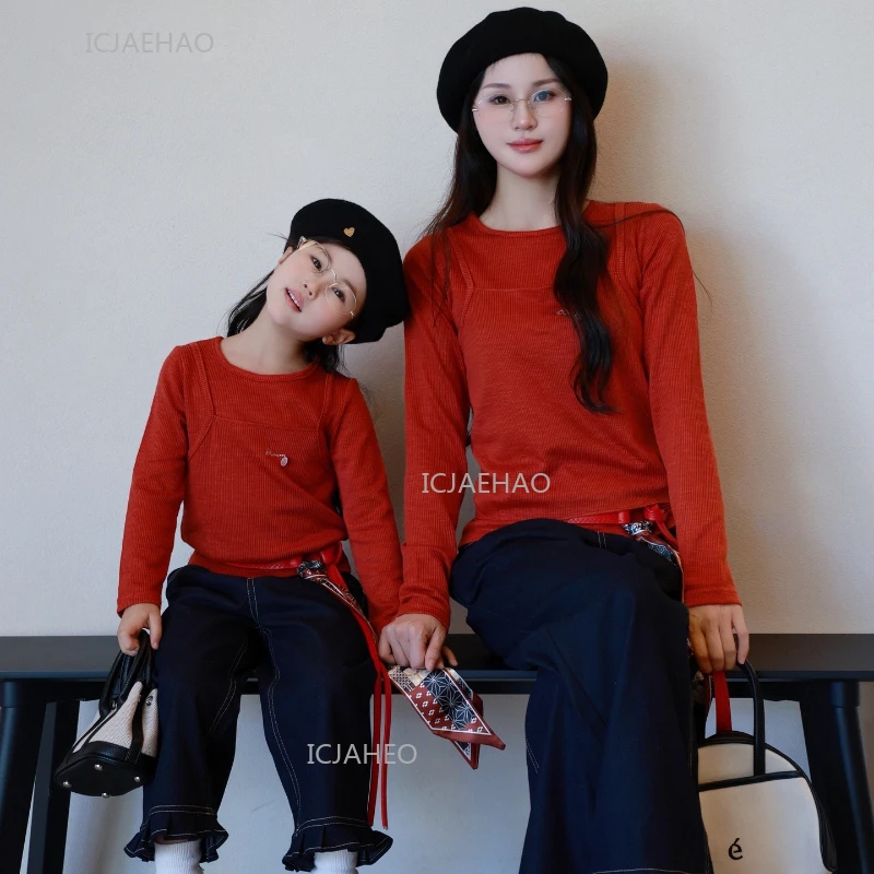 Matching Mother Daughter Children Orange Casual Outfit Straight Leg Jeans Wide Leg Soft Denim Pants Top Set Girls Kids Clothes