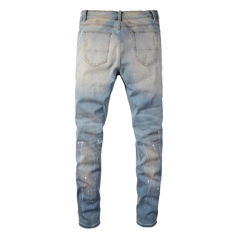 Blue High Street Holes Transparent Crystals Patchwork Stretch Slim Fit Rhinestones Patches Distressed Ripped Graffiti Jeans Men