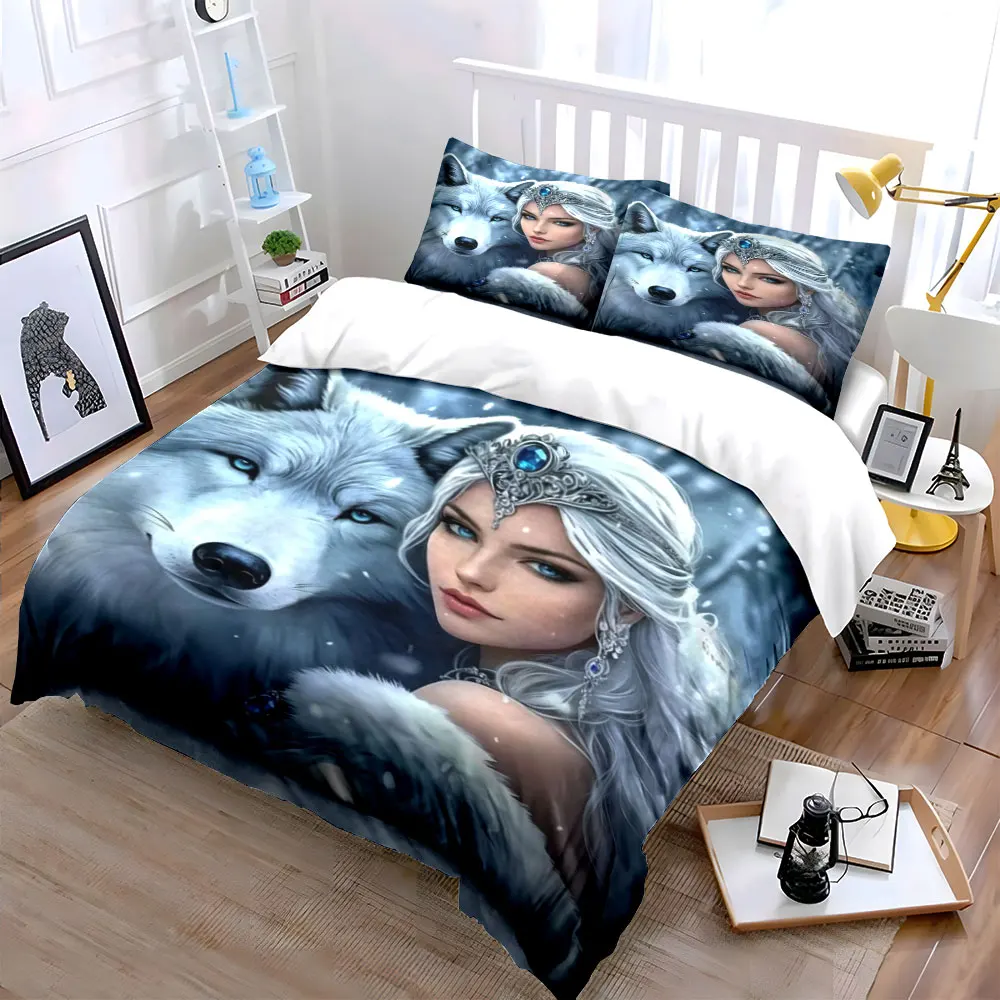 

3pcs Princess And Wolf Print Duvet Cover Set,King Queen Style bedding,Bedroom Guest Room,Gift( 1 Duvet Cover And 2 Pillowcases)