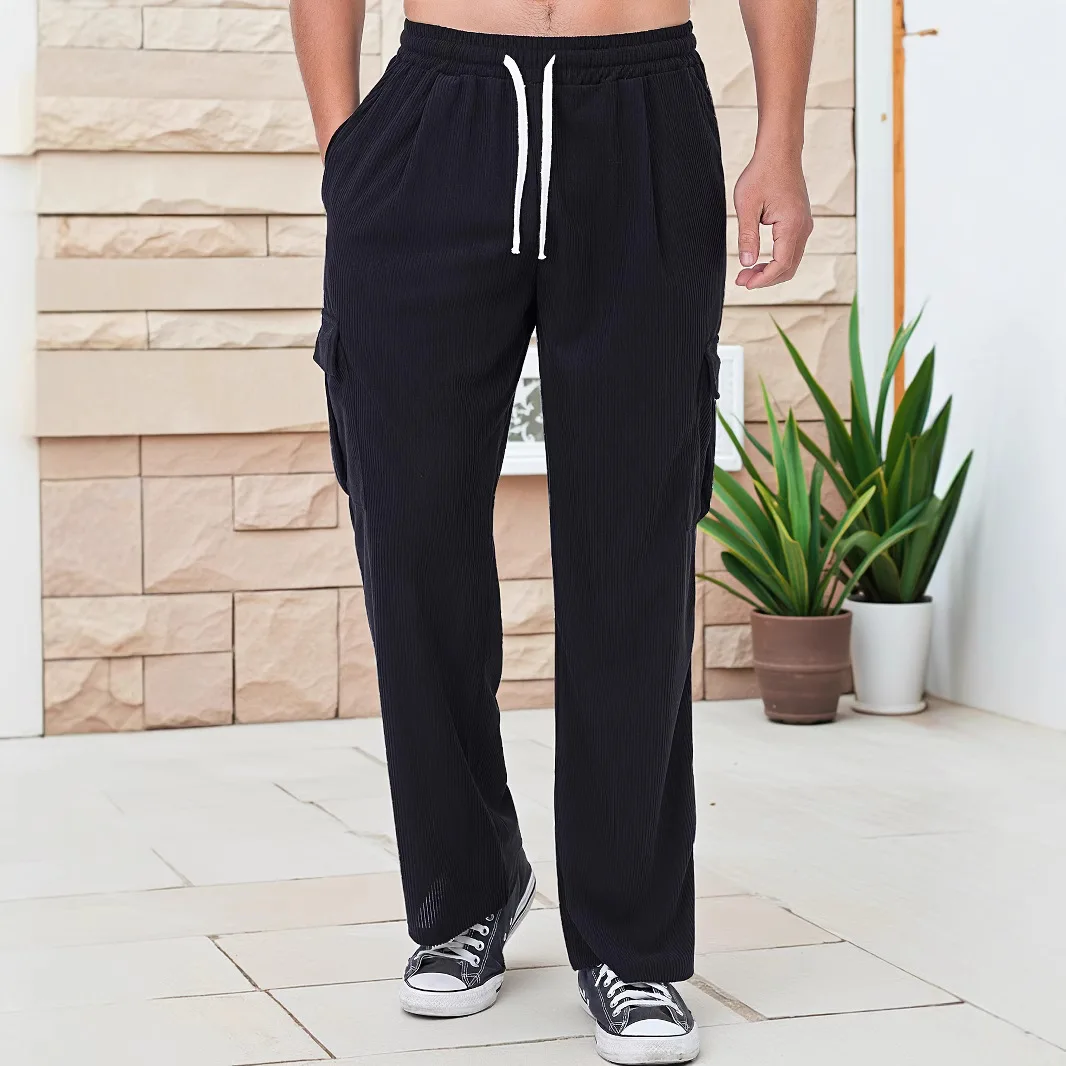 

2025 Autumn Fashion Men's Solid Color Casual Trendy Multi Pocket Wide Leg Straight Loose Trousers Male Drawstring Pants Clothes