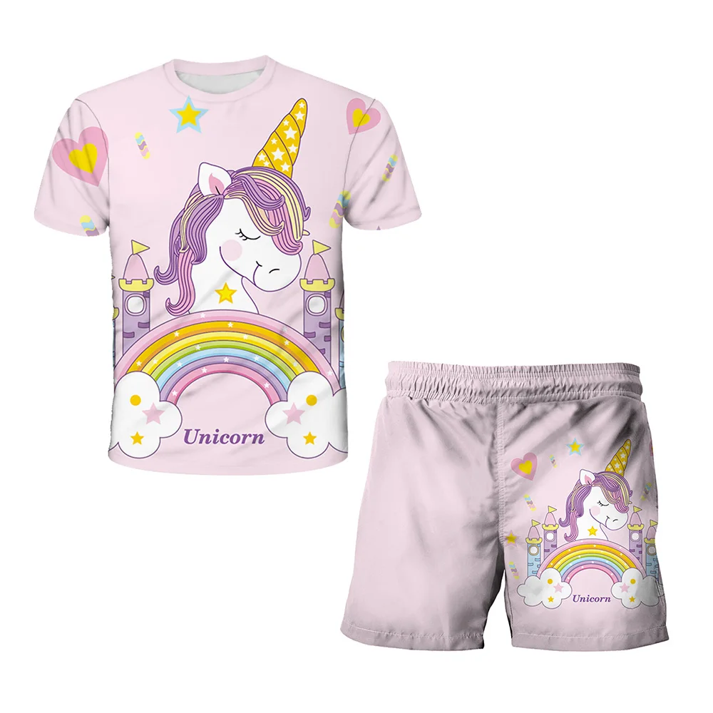 Kids Unicorn Tops Pants Sets Summer Cartoon Boys Girls Short Sleeve T-Shirts Short Pants 2PCS Suits Kids Casual Costume Outfits