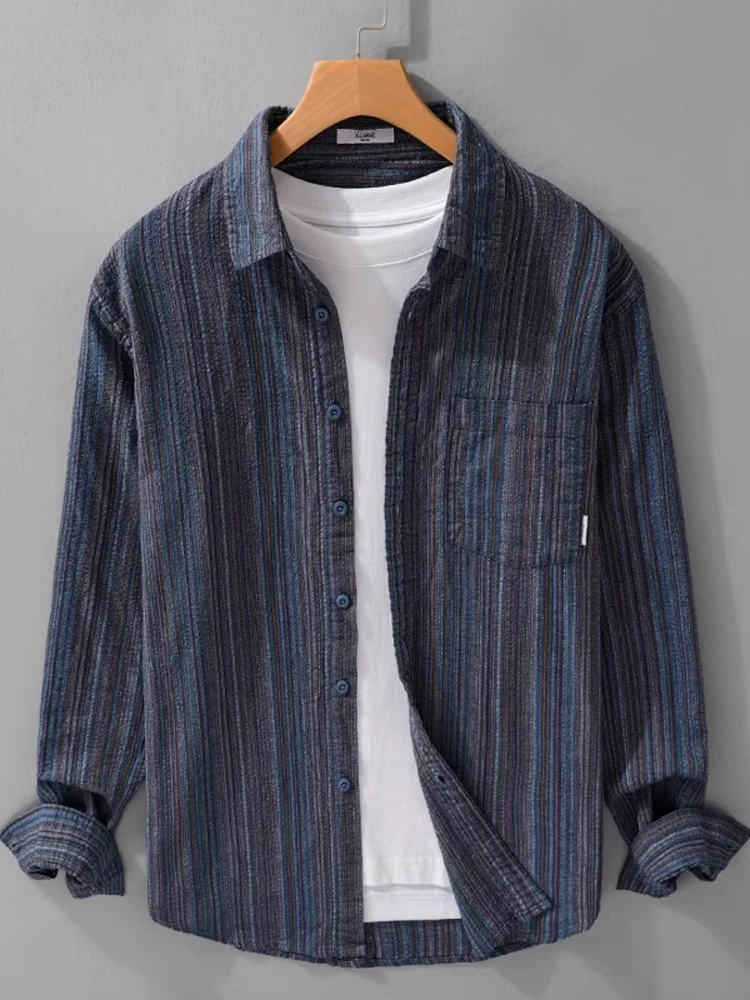 

Мужская рубашка свободного кроя с длинным рукавом, вертикальными полосками, цветным плетеным узором, весенне-осенняя, модная, бренд Tagkita, классический стиль