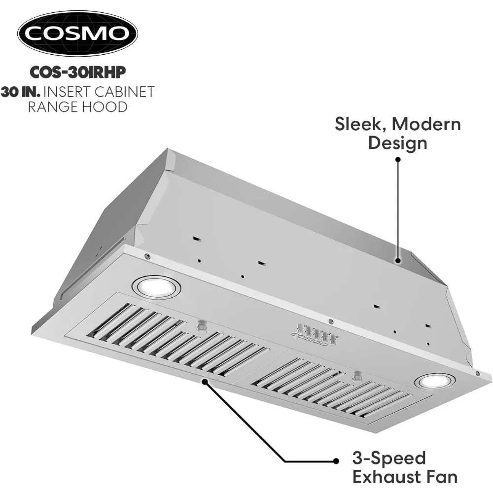 COS-30IRHP, 30 pulgadas Campana extractora de inserción con controles de botón pulsador, ventilador de 3 velocidades, luces LED y filtros permanentes