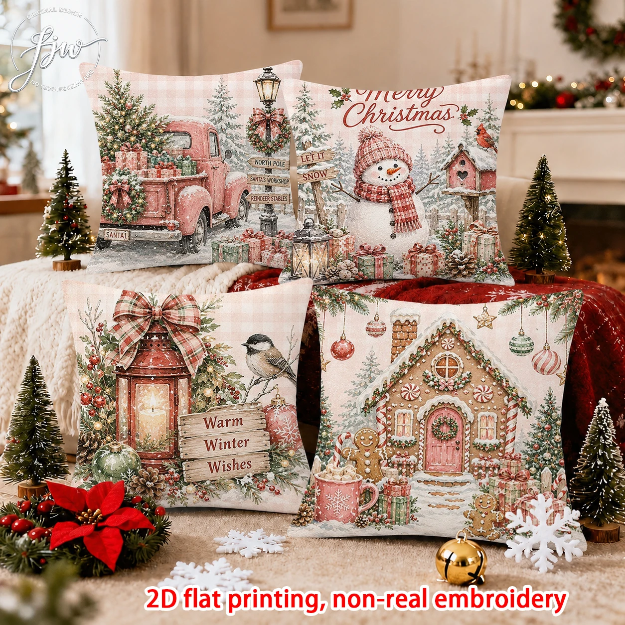 1pcs Pink Vintage Christmas Throw Pillow Covers Watercolor Winter Holiday Decor Cushion Cases