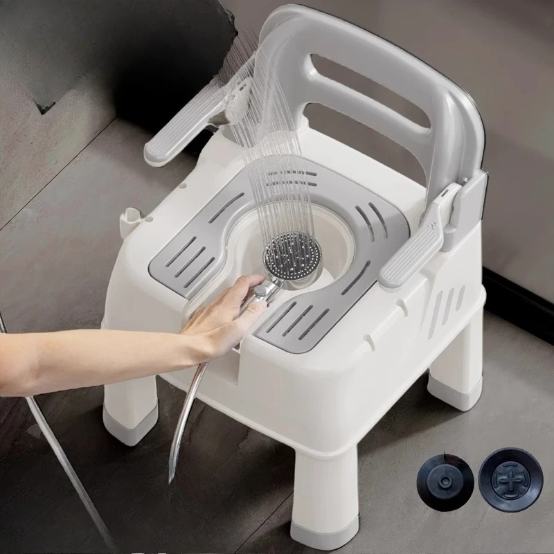 

Waterproof Portable Shower Stool Handle Wheel Portable Wooden Shower Stool Restroom Elderly Sgabello Da Doccia Home Furniture