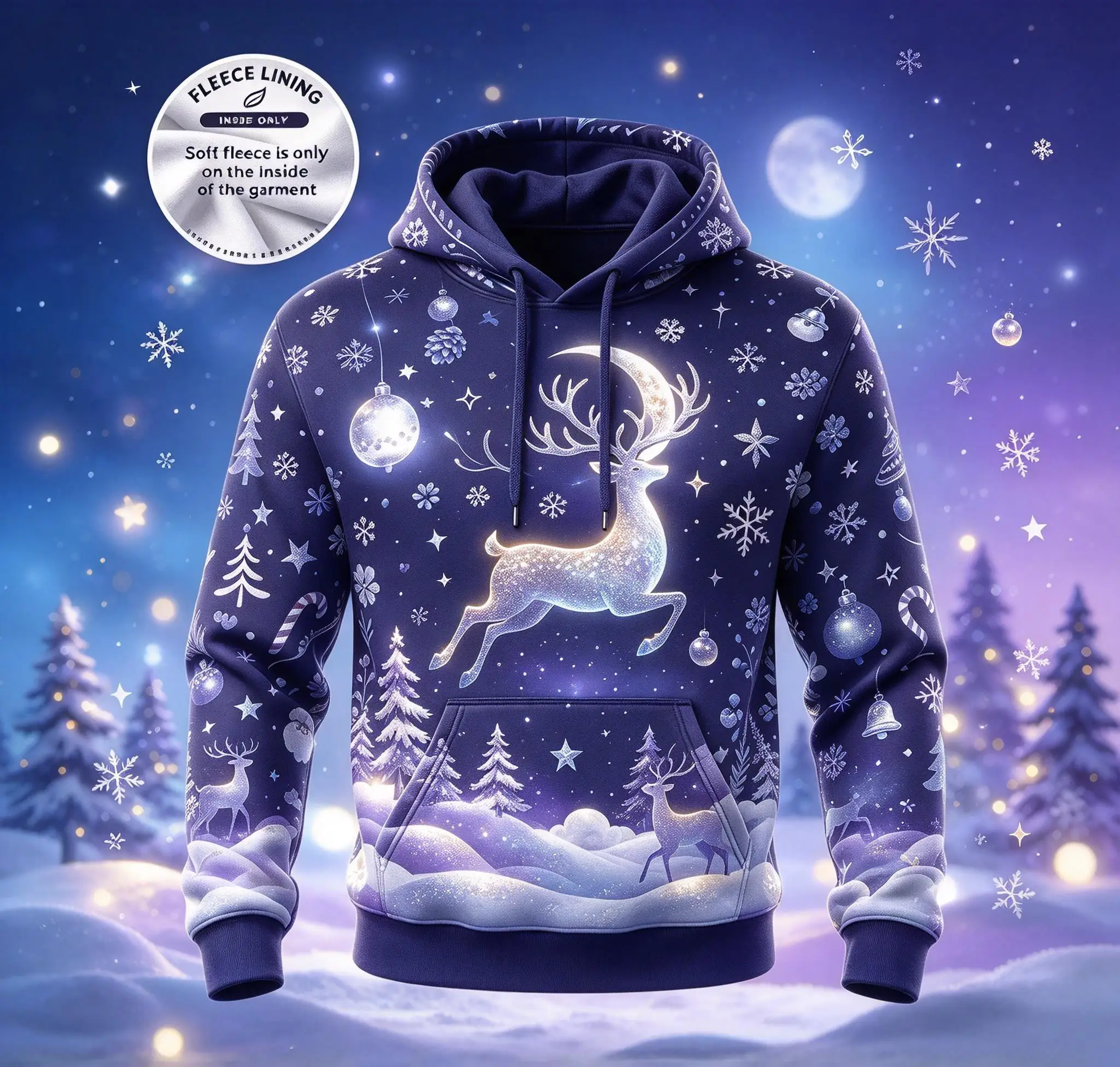 Christmas Mens Hoodie Xmas Glowing Deer Snow Tree Bauble Pattern Fleece Lining Sweatshirt Tops