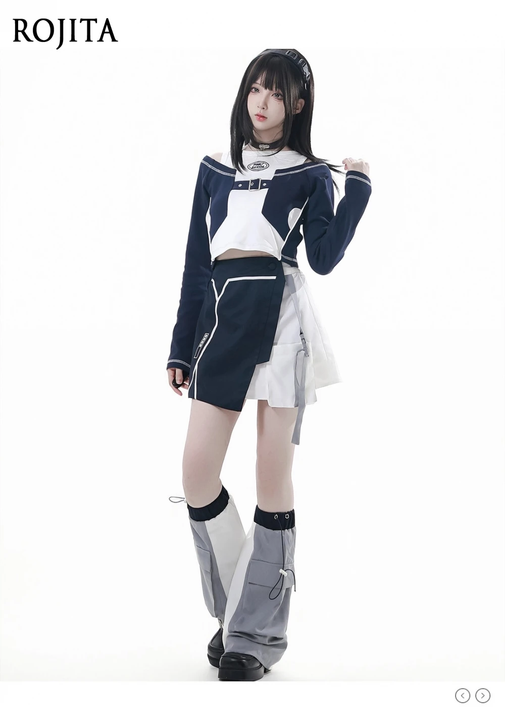 

Functional Futuristic Patchwork Embroidered Hoodie Jacket 2025 Autumn Blue and White College Style Round Neck Long Sleeve Tee