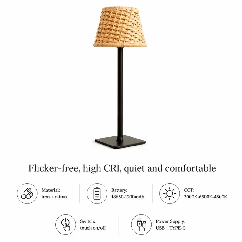 for Rattan Desk Lamp Battery Powered  Base 3000K 4500K 6000K Dimmable  Lampshade Bedside Bedroom Home