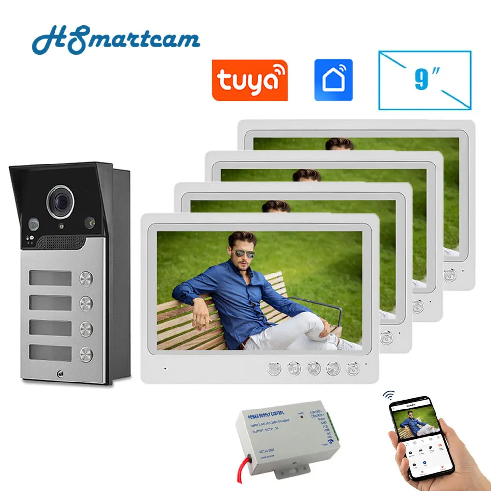 Tuya Smart App Remote Unlock WiFi 9 inch 2/3/4 Apartment/Family Video Door Phone Intercom System Waterproof Cam Access Control