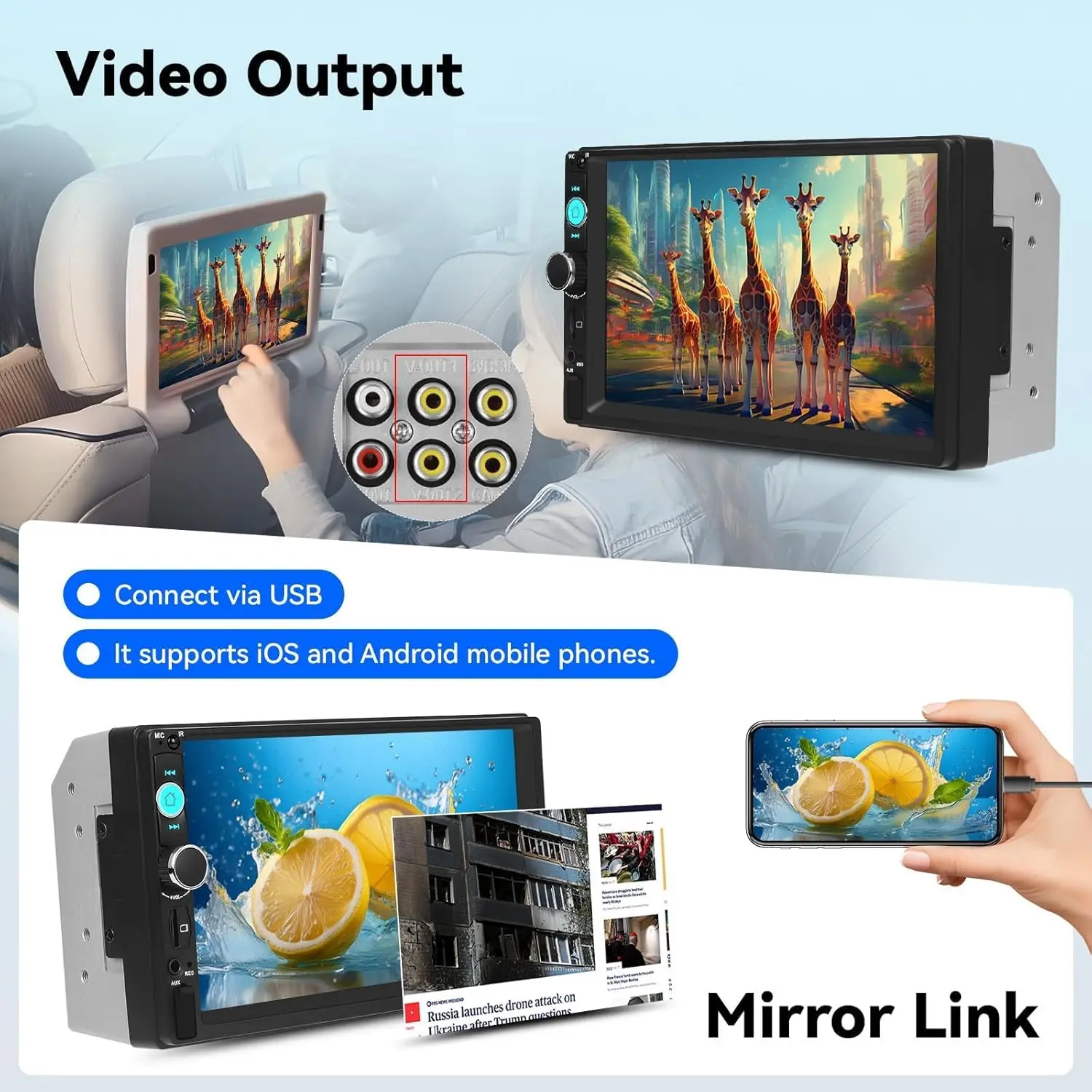 Estéreo para carro duplo Din de 7 polegadas com Bluetooth, MirrorLink, FM, USB, AUX, suporte TF + câmera de backup