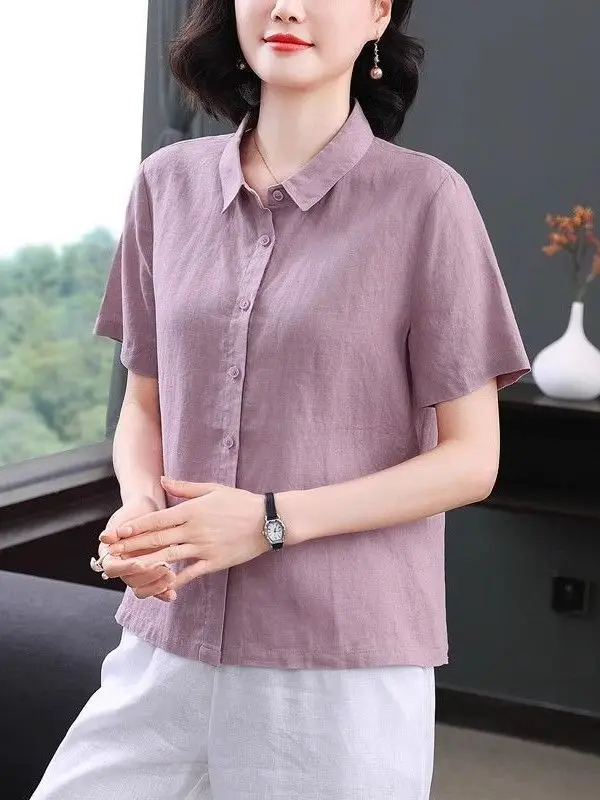 

Cotton Linen Shirt Women's High End Loose Casual Short Sleeve Ladies Elegant Top Summer New Style Commute Style Pure Color
