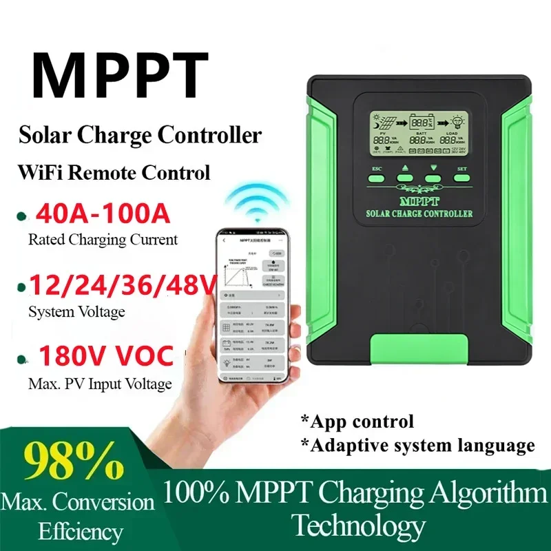 

12V/24V/36V/48V MPPT Solar Charge Controller 40/50/60/80/100A WiFi Solar Panel Regulator LCD USB for Acid Lithium Battery