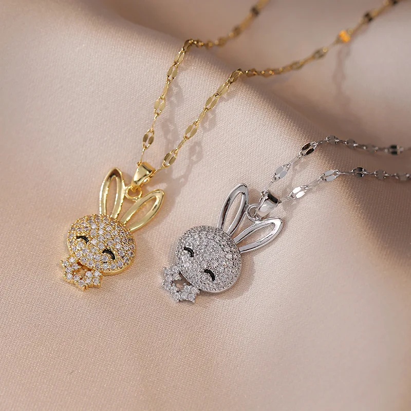 Classic Charm Big Ears Micro-embellished Rabbit Necklace Fashionable Retro Versatile Temperament Stainless Steel Clavicle Chain