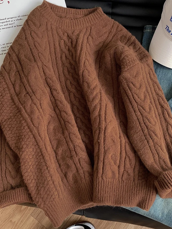 Thiened Loose Women's Knitted Sweater Autumn Winter Inner Wear round Ne Twisted Hair Sle Base Top for Small Figures