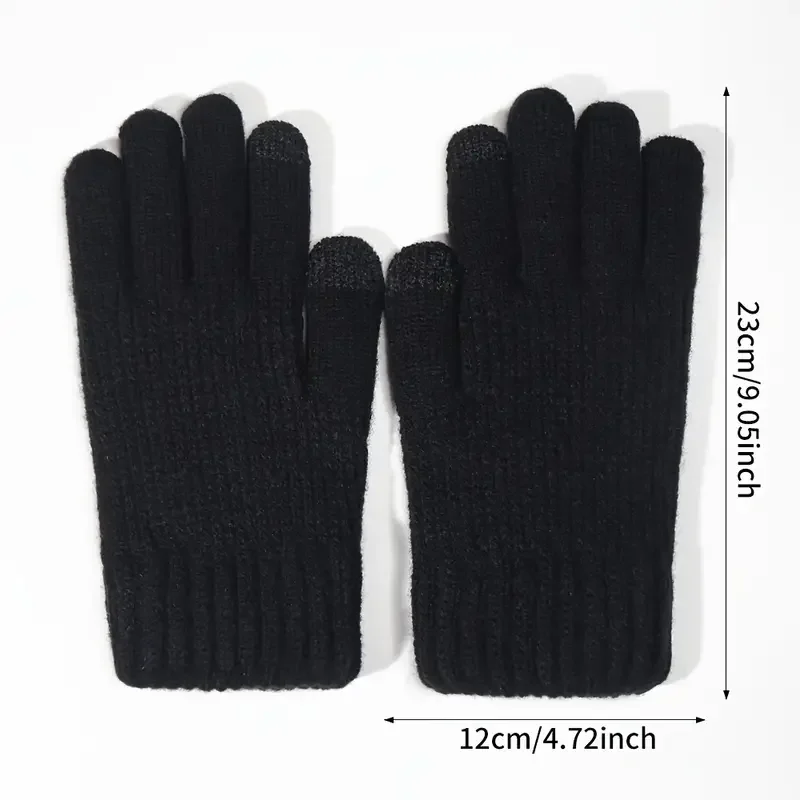 1 Paar Herren Schwarz Winter Doppelschicht Plus Samt Verdickte Strickhandschuhe, Outdoor Touchscreen Warme Vollfingerhandschuhe