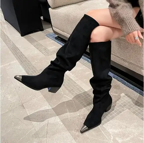 

New Women Black Brown Gray Suede Sliver Metal Toe 4 CM Square Heels Pleated Slip On Knee High Boots Female Patchwork Long Botas