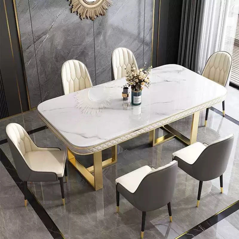 

Modern Luxury Rectangle Marble Top Dining Table Chair Set 4 6 8 Seater Stainless Steel Sintered Stone Gold Furniture Designs