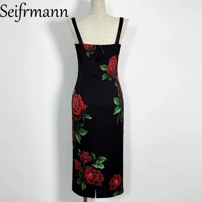 Seifrmann Casual Printed Silk Sling Dress Square Neck Sleeveless Waist Cover Hip Dress 2026 Autumn Fashion Women's New Style