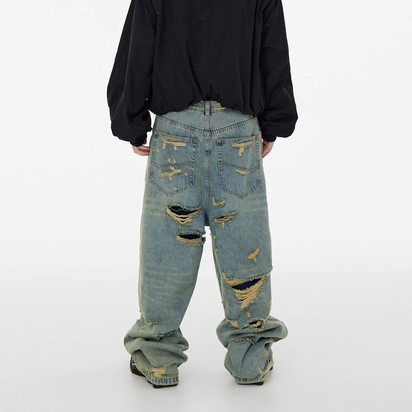스트릿웨어 힙합 블루 데미지 디스트레스드 스트레이트 레그 진 남성용 디스트로이드 찢어진 고양이 수염 배기 진 팬츠 Y2k