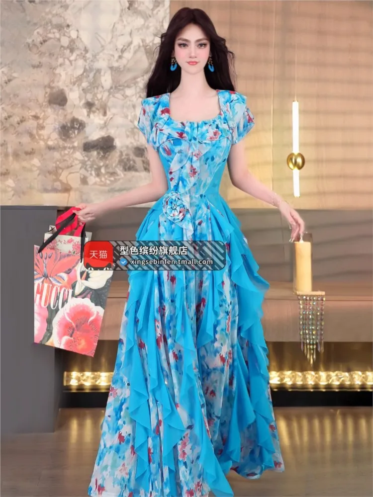 A new stylish square-neck floral print ruffled vacation-style cinched waist dress
